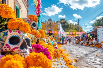 A lively street adorned with a multitude of colorful decorations like flags, banners, ribbons, and lights, creating a festive and vibrant atmosphere. - obrazy, fototapety, plakaty