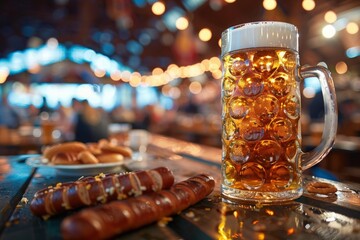 A vibrant scene capturing the essence of Oktoberfest with a glass of beer and some hot dogs on a table.