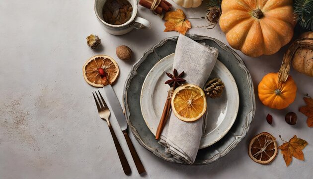 Rustic holiday table setup- Top view showcases plates, cup, napkin and cutlery, complemented (