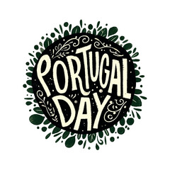 A round logo with the word "Portugal Day" written in cursive style. The logo is surrounded by green leaves and has a white background