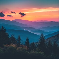 Obraz premium Sunset View of Mountain Range With Trees