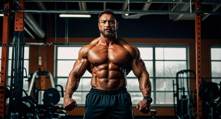Fototapeta na wymiar Portrait of a strong roaring male in a gym. Bodybuilding concept