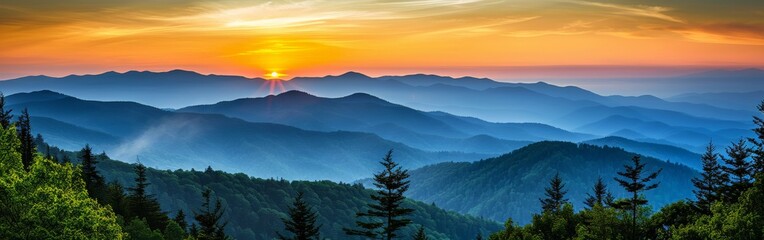 Sun Setting Over Mountain Range