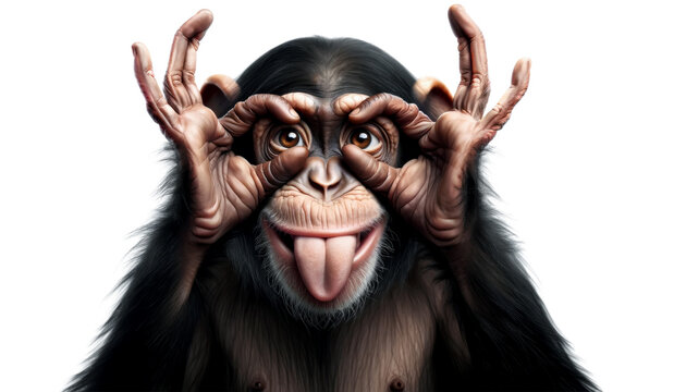Close-up of a monkey makes glasses with fingers on its face. Chimpanzee with Hands on Face simulating glasses and sticking out his tongue
