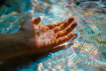 A persons hand delicately dips into a tranquil pool of water, creating ripples and reflections in the liquid surface.