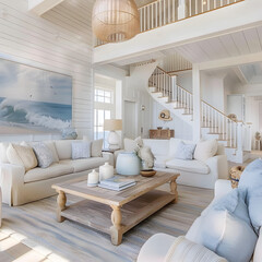 Coastal beach house interior with a nautical theme and light, airy colors. 3d render.
