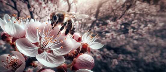 Bee pollinating apple cherry blossom macro photo