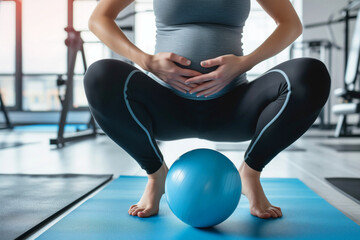 Pregnant woman sitting on fitness mat with ball in gym. Concept of preparation for childbirth