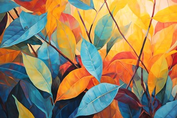 Abstract vibrant acrylic painting of foliage natural leaves for background wallpaper