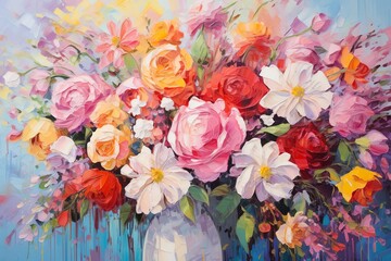 Expressive acrylic colorful floral bouquet painting with dripping paint details