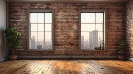 Empty room with big window in soft shadow light, brick wall and wooden floor background, mockup copy space