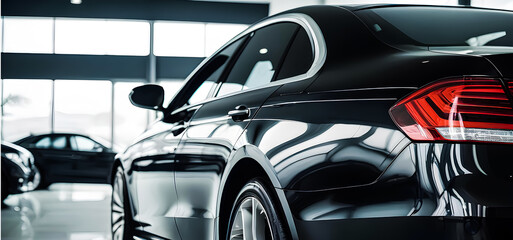 Sleek Black Luxury Car from Back in a Modern Showroom - Car Insurance & Leasing Showcase. Generative AI.