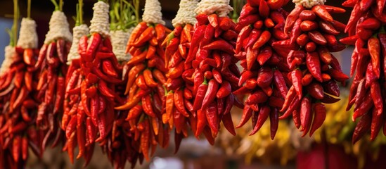 Fototapeta premium A string of vibrant red peppers, a natural food ingredient, hanging gracefully. A stunning plantbased addition to any cuisine or artfully arranged dish