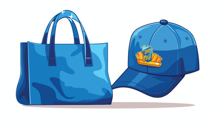 Shopping bag and cap shirt with company emblem flat