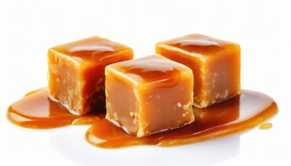 Three sweet caramel candy cubes topped with caramel sauce isolated on white background  - obrazy, fototapety, plakaty
