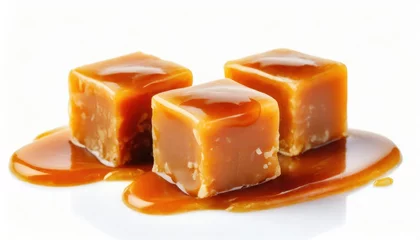 Foto op Plexiglas Three sweet caramel candy cubes topped with caramel sauce isolated on white background  © blackdiamond67