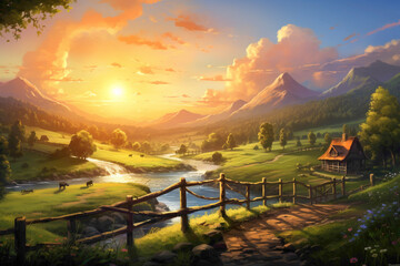 A peaceful countryside scene, with rolling hills, a meandering river, and a quaint wooden bridge, all bathed in the warm glow of a setting sun.