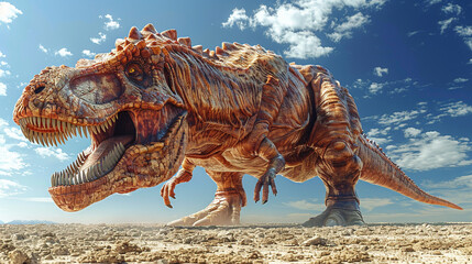colossal dinosaur with textured skin roams a barren landscape under a clear blue sky with fluffy clouds - obrazy, fototapety, plakaty