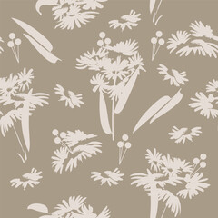 Hand-drawn seamless pattern with floral print. Contour silhouette of flowers and leaves in beige shades. Vector pattern for printing on fabric, gift wrapping, covers, wallpapers.