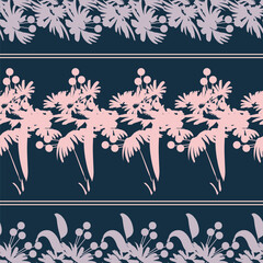 Hand-drawn seamless pattern with floral print. Contour silhouette of flowers, leaves in pink and blue shades. Vector pattern for printing on fabric, gift wrapping, covers, wallpapers.