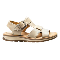 Pair of beige leather sandals is isolated on transparent background.