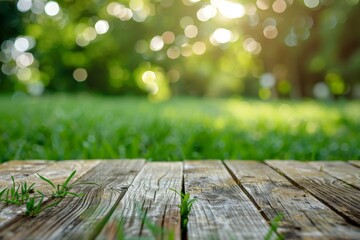 Wooden Table With Grass Background