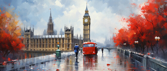 oil painting on canvas street view of london river an - obrazy, fototapety, plakaty