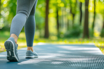 Legs of woman in sportswear on park mat, fitness concept, copy space