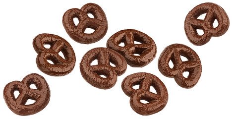 Chocolate covered pretzels isolated on white background - 756625523