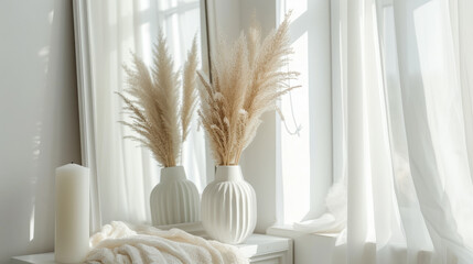 A minimalistic white vase with pampas ears a candle interior decor