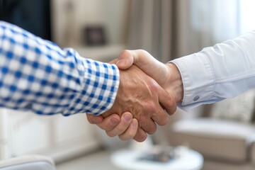 Two caucasian business people shaking hands indoors