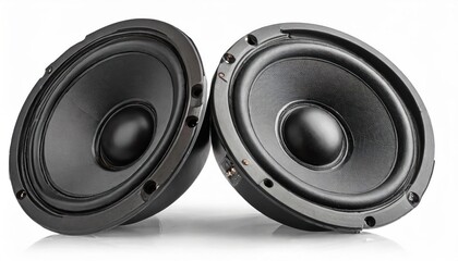 Two speakers of an acoustic system - an audio for playing music in a car interior on a white isolated background in a photo studio. Spare parts for auto repair in a workshop or for sale for tuning - obrazy, fototapety, plakaty
