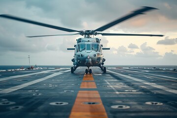 Military helicopter landing on an aircraft carrier at sea during a cloudy sunset - obrazy, fototapety, plakaty