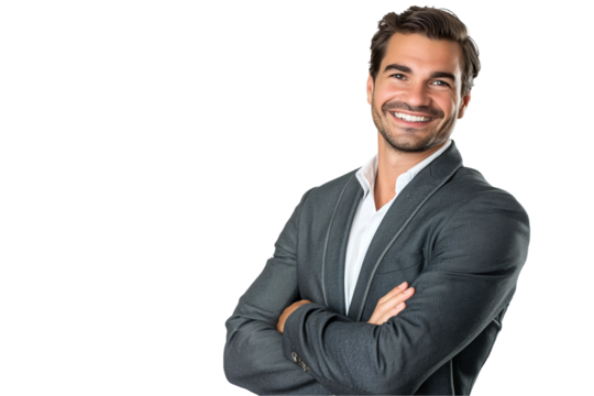 Businessman smiling confidently at the camera, Isolated on Transparent Background