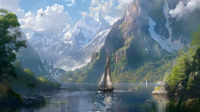 Sailboat gliding across lake with majestic mountains framing the backdrop in three scenes. Seamless Looping 4k Video Animation