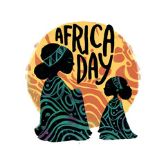 Africa Day A woman and a child are sitting under a sun. The woman is wearing a head scarf