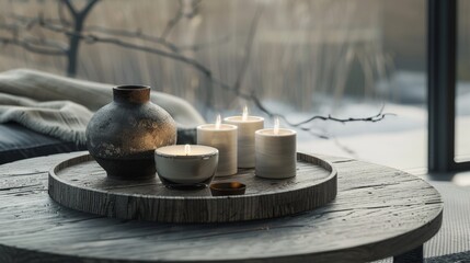 Wooden Table With Candles by Window