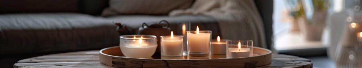 Group of Candles on Wooden Table