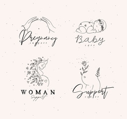 Pregnancy labels female torso, silhouette of a pregnant woman, sleeping child with lettering drawing in floral hand-drawing style with black on beige background