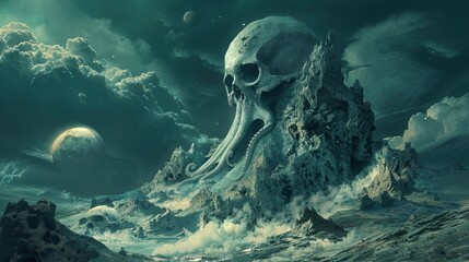 An octopus surveying the landscape from the peak of a skull-shaped mountain on an alien world