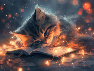 Dreamy anime cat doodling in a journal surrounded by a warm soft glow of fairy lights embodying serenity