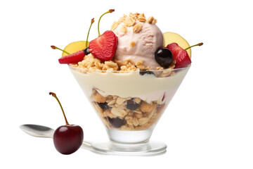 Smooth and sweet yogurt ice cream With fresh fruit, granola and whole grains. Served in ice cream cup isolated on transparent background.