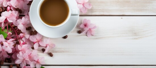 Fototapeta na wymiar A Coffee cup is placed on a white wooden table, surrounded by pink flowers, creating a serene and beautiful setting
