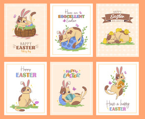 Set of holiday cards for Easter with a cute cartoon cat in a bunny suit and pun phrases