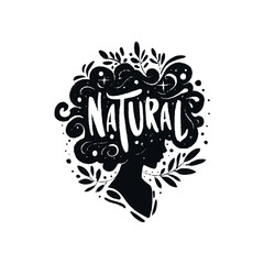 A woman's head with the word natural written around it. The woman's hair is styled in a way that makes it look like it's flowing