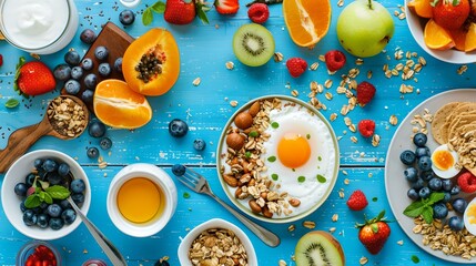 Healthy breakfast spread on blue background, nutritious foods, morning meal conceptual. fresh fruits and organic ingredients display. AI
