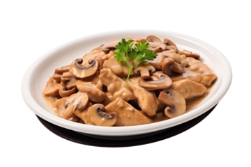 Stir-fried Chicken Breast with Shiitake Mushrooms Add colorful mushrooms Topped with mushroom sauce Rich flavor added isolated on transparent background.
