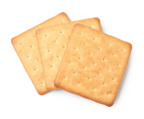 Three crispy crackers isolated on white, top view. Delicious snack
