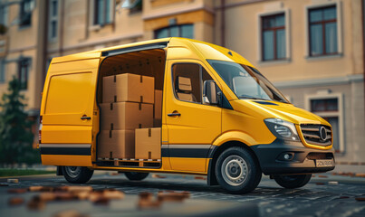 A yellow van moving boxes