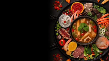 Korean-style grilled food, meat, shrimp, chicken, mushrooms, and fresh vegetables placed on a round grill. In the middle is a soup made from kimchi